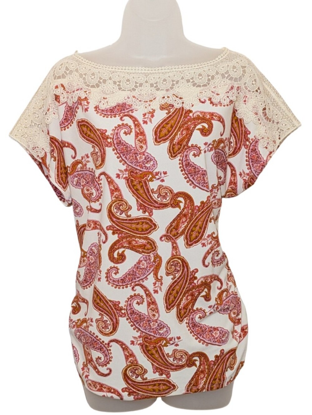 Cato | Cream Paisley Lace-Trim Boatneck Blouse | Bohemian | Hippie | Shabby Chic